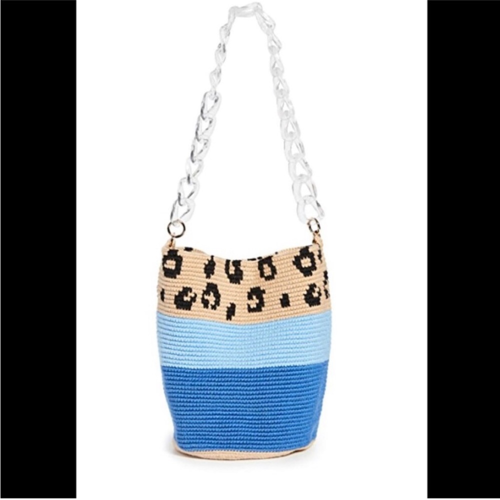 Soraya Hennessy Bucket Bag Colorblock Tote Tan Blue Leopard Print Lucite Strap